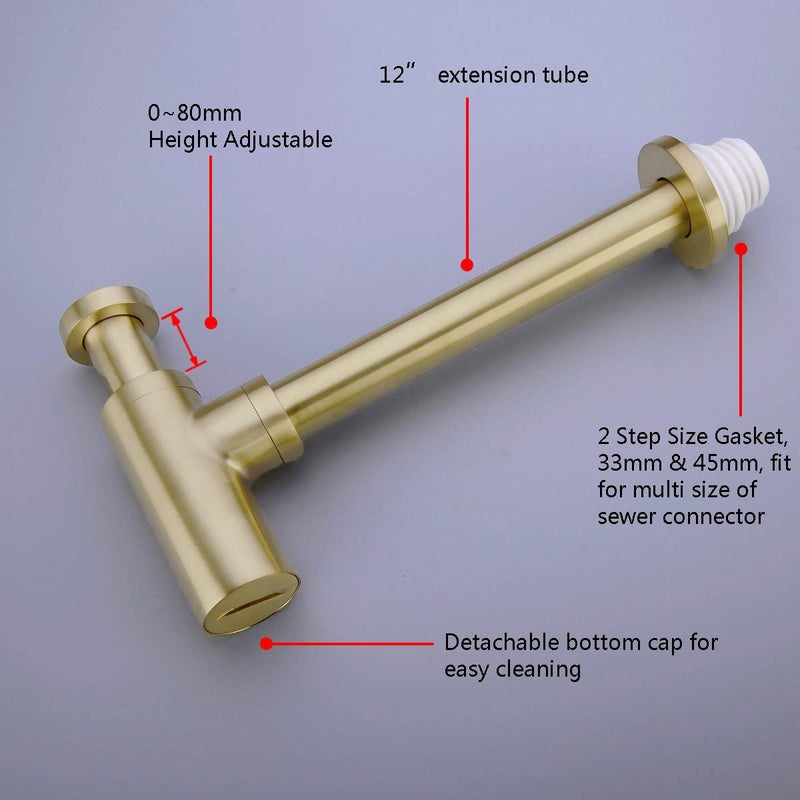 TRUSTMI Bottle Trap, Brass Decorative 1 1/4 Bathroom Sink P Trap, Large Body Round Lavatory Waste Drain Kit, Brushed Gold - Image 4
